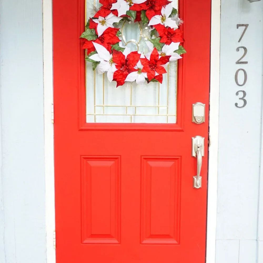 Red and White Poinsettia Christmas Wreath with Green Leaves